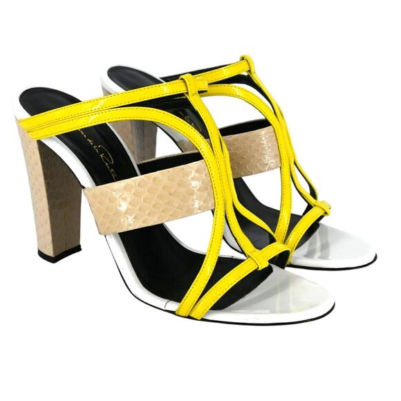 Oscar de la Renta Block Heels Yellow Tan White Snake Slip on Sz EU 40 US Sz 10 - Picture 1 of 8